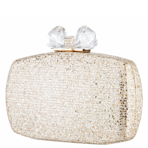 FELICE-GOLD GLITTER MINAUDIERE WITH CRYSTAL BOW CLASP