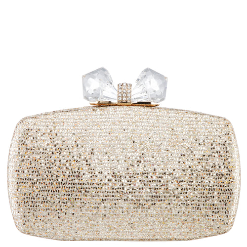 FELICE-GOLD GLITTER MINAUDIERE WITH CRYSTAL BOW CLASP