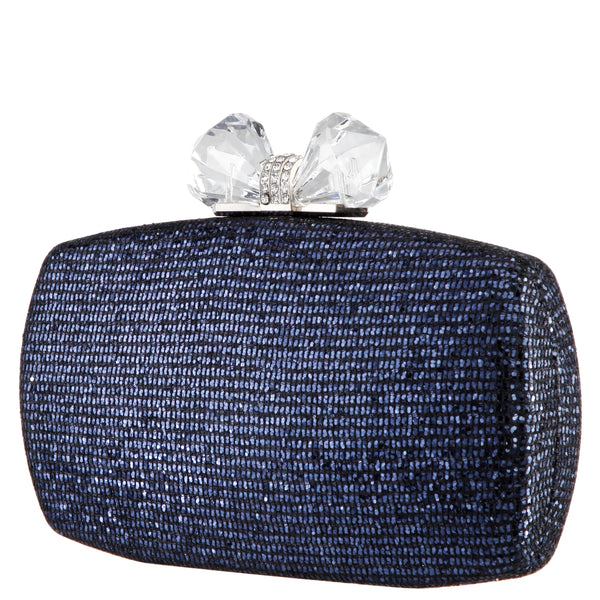 FELICE-NAVY GLITTER MINAUDIERE WITH CRYSTAL BOW CLASP