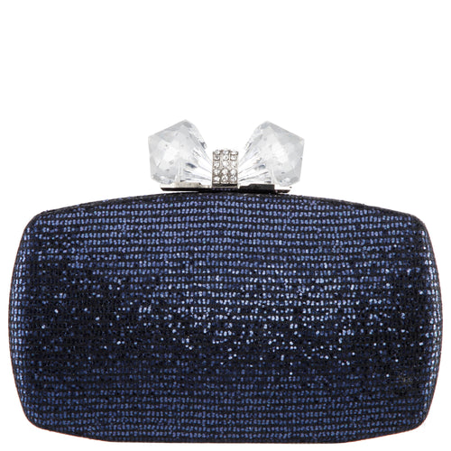 FELICE-NAVY GLITTER MINAUDIERE WITH CRYSTAL BOW CLASP
