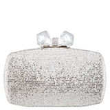 FELICE-SILVER GLITTER MINAUDIERE WITH CRYSTAL BOW CLASP