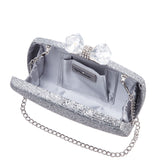 FELICE-SILVER GLITTER MINAUDIERE WITH CRYSTAL BOW CLASP