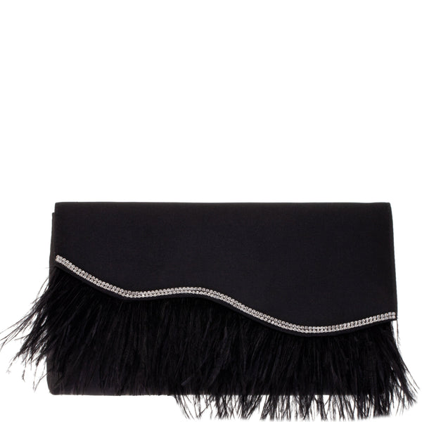 KAIDY-BLACK SATIN CLUTCH WITH FEATHER