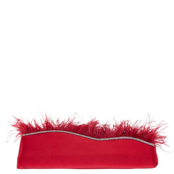 KAIDY-RED ROUGE SATIN CLUTCH WITH FEATHER