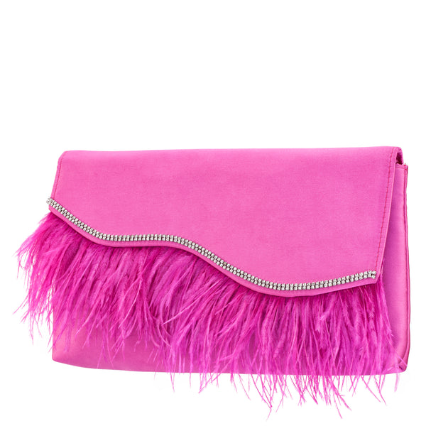KAIDY-ULTRA PINK SATIN CLUTCH WITH FEATHER