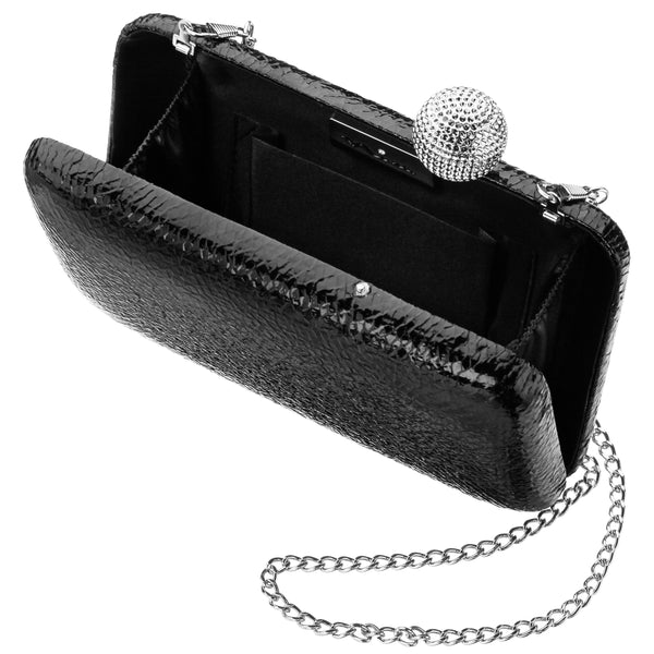 KIMBERLY-BLACK EMBOSSED SNAKE MINAUDIERE WITH CRYSTAL CLASP