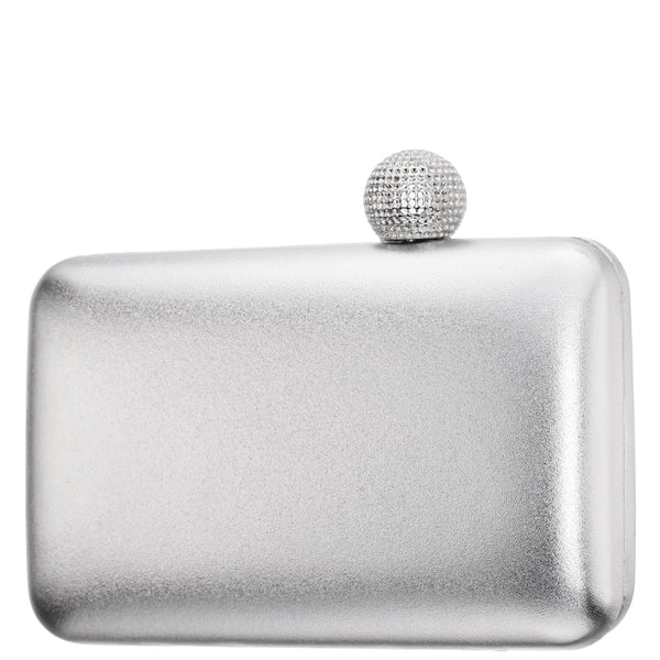 KIMBERLY-SILVER METALLIC MINAUDIERE WITH CRYSTAL CLASP